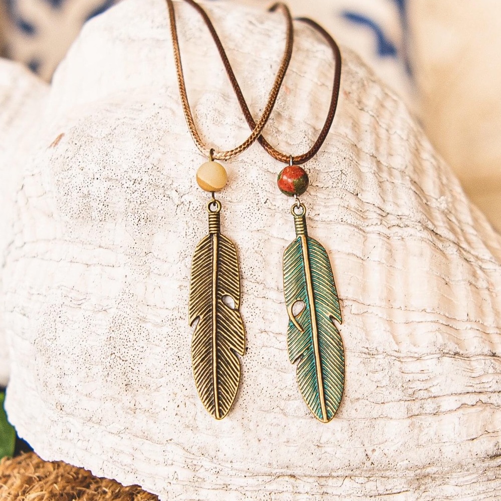 Handmade Feather Necklace with Love Stone